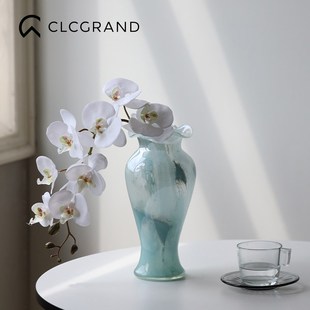 蓝色琉璃玻璃透明中古花瓶摆件客厅插花花器高级感电视柜软装饰品