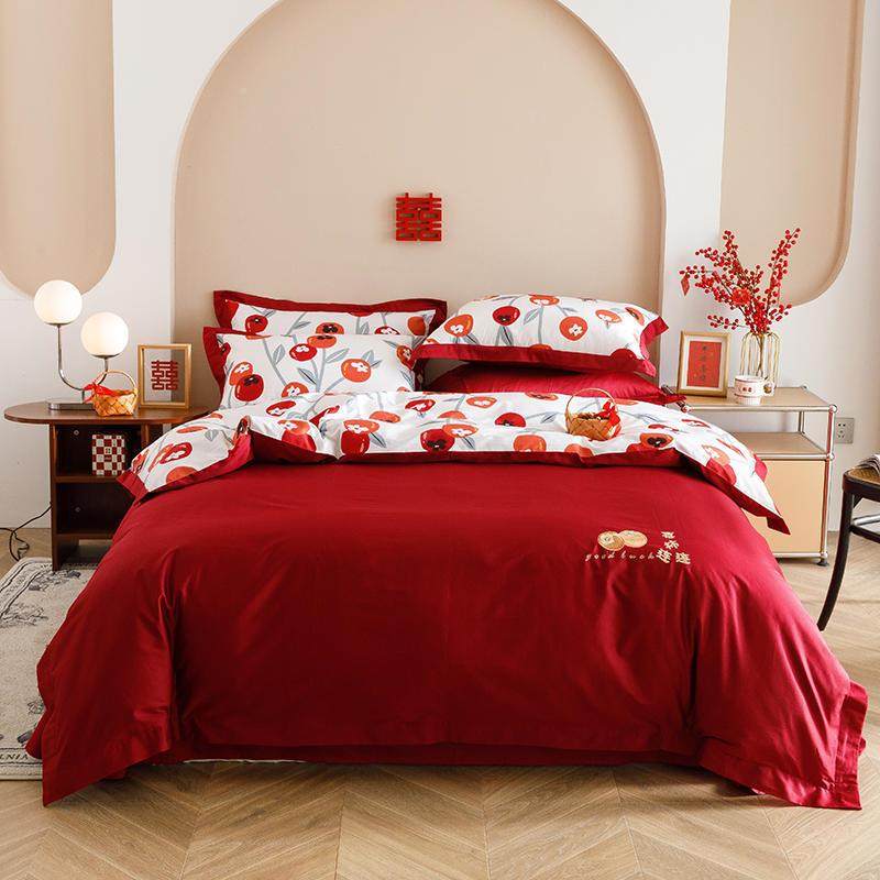 绒100婚S长棉刺绣婚房婚KZZ庆床四件套结婚全棉床纯棉大红上用品