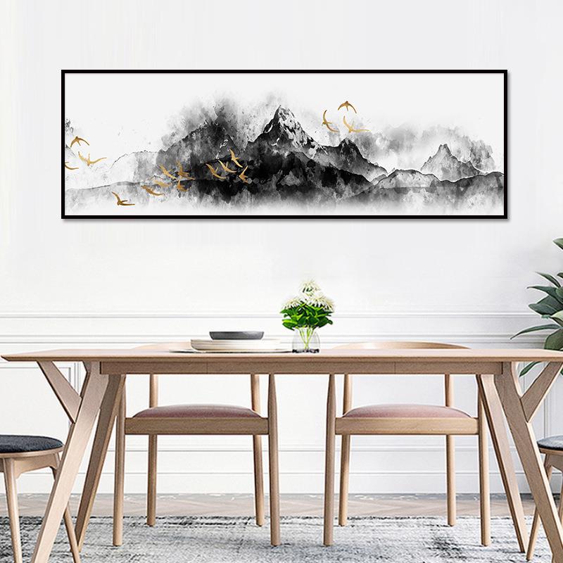 新中式现术代艺水墨山水头画客厅床饰画横版挂画装抽象画酒店XBW