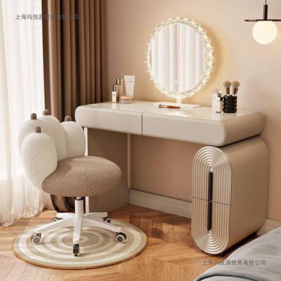 奶油风新款梳妆台小户型窄小室妆桌由伸自卧缩移纳动收一体GSW妆