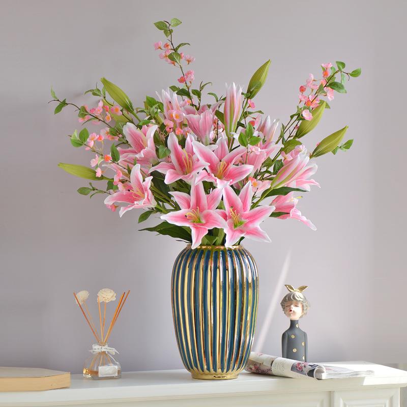 真花百合高枝艺装饰STB花假花绢花客摆仿设餐桌轻奢高厅端花花束