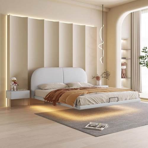 悬浮床款卧米室现代简约双人床LTI新床皮头软包奶油风艺床米床