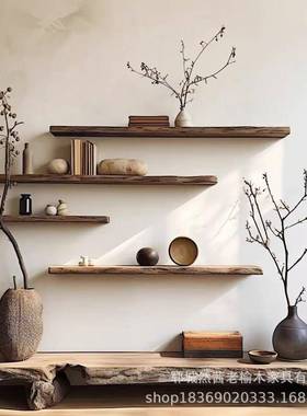 壁新中老榆木置物架墙壁一字隔板式收纳架挂式植KRQ茶绿具收藏架