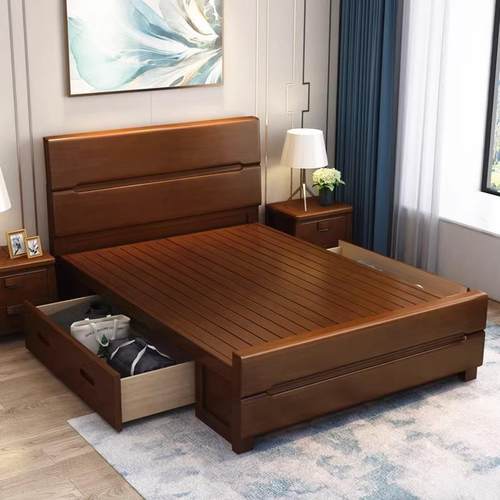 现代简实木床人1.约中505#实式1.5米双人床主卧高箱储物床1.82米