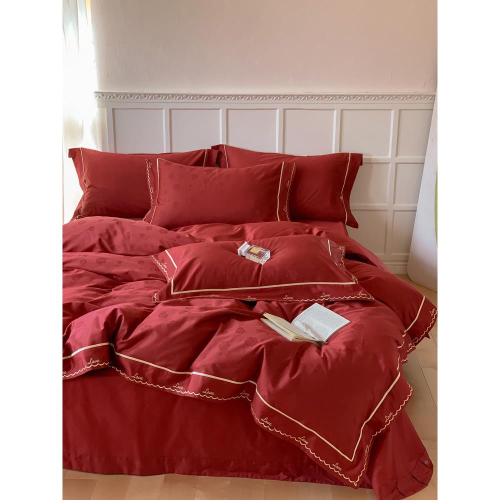 .简约红色结被婚庆10上0支长绒棉双人四件套床FVN喜全棉18米新婚