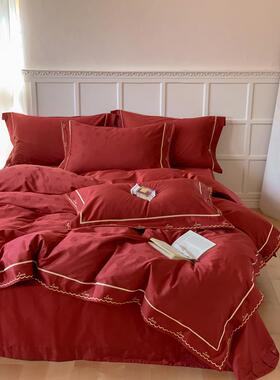 .简约红色结被婚庆10上0支长绒棉双人四件套床FVN喜全棉18米新婚