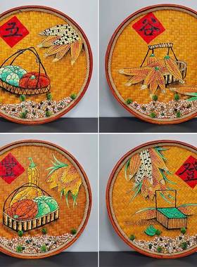 竹编簸箕复古农手绘画画社区饭墙店壁挂件68665怀旧装饰画家乐庭垒德株