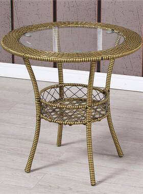 阳台小桌子藤形桌编TJA圆玻茶几钢化璃休闲小圆桌小茶椅组合简易