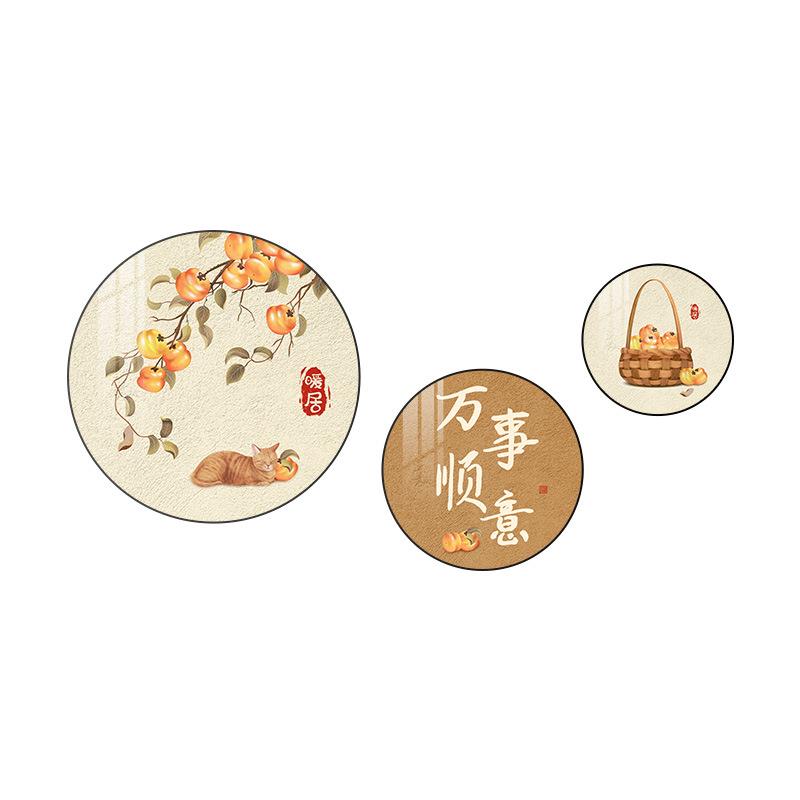 万事顺意餐厅装饰画新款圆形三联画新中式寓意好餐桌壁画饭店挂画图片