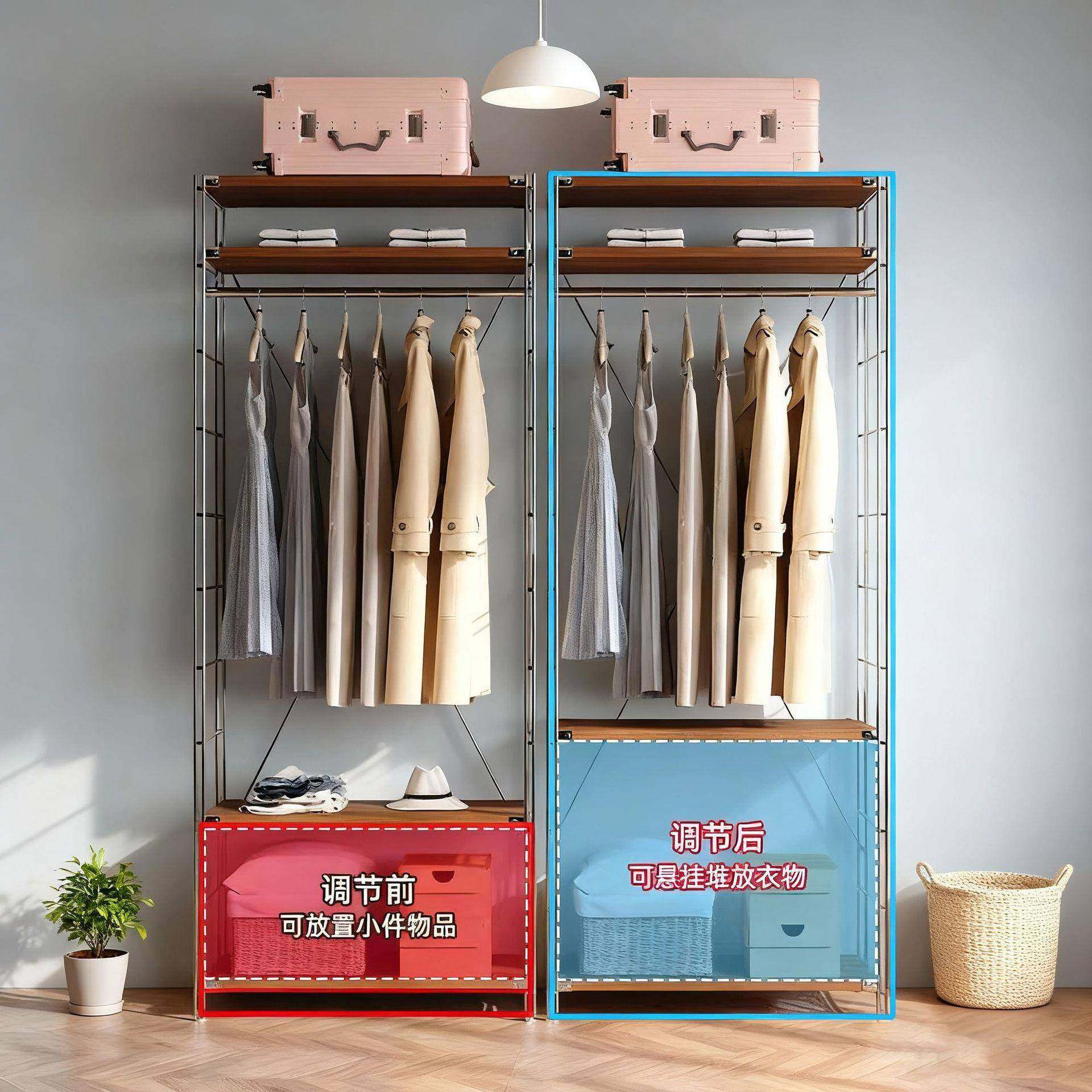 古风简易收CGL纳衣帽间落地衣顶天地开放式挂衣架家用柜立叠折架
