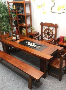 老船木茶桌椅组合办公一用体茶几实木一桌室五椅茶台家茶桌泡9890