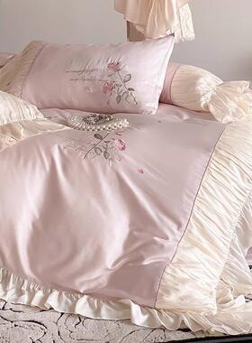 法式浪漫花边10S长YLS-2024绒棉单四件套全棉棉被套罩0公主风床床