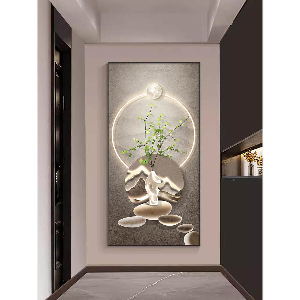 新中式IIU石廊来运饰转玄关装画现代客过道壁厅画亮灯绿植寓意走