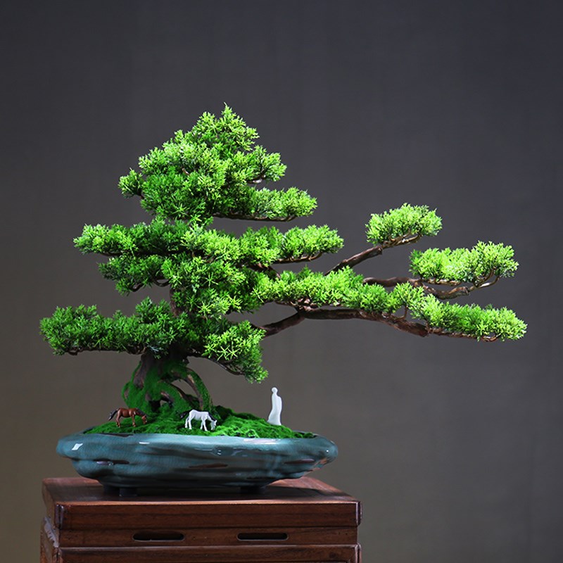 禅意仿真迎客松盆景摆件客厅新中式玄关办公桌面绿植盆栽软装饰品