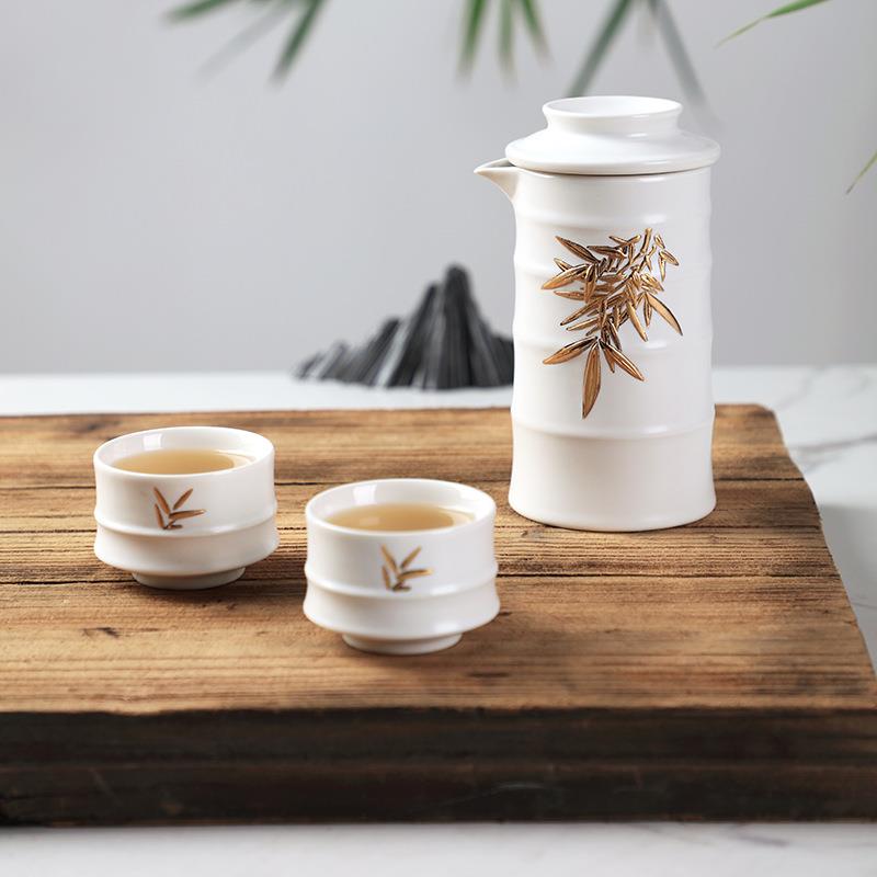 乾唐轩活瓷直销新中式竹君子茶具套装带随行包1壶2杯竹制