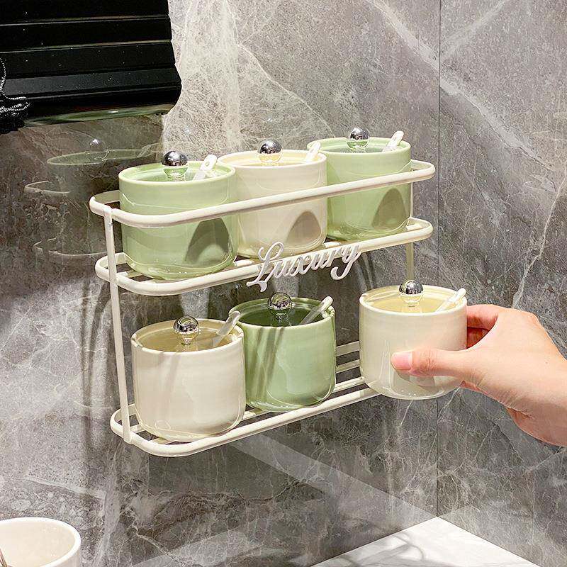 奶油风可挂墙陶瓷调料盒套装家用免打孔壁挂调料罐厨房盐糖佐料罐