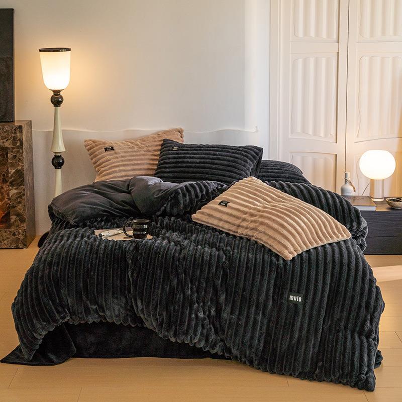 冬季兔兔绒加绒加厚床上四件套纯色风双面毛绒牛奶珊瑚绒被套床单