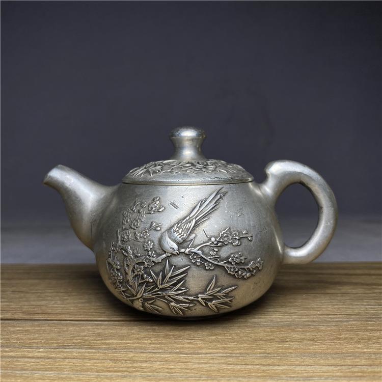 古玩收藏老物件老银喜上眉梢镀银茶壶老银足银壶古董民俗老货摆件