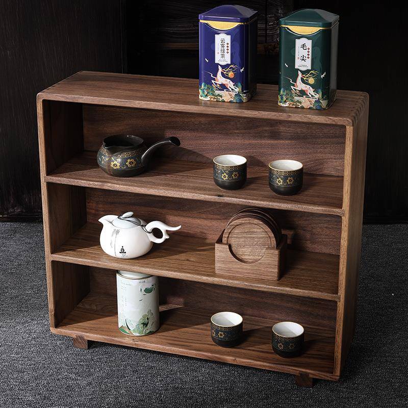 黑胡桃木置物架桌面收纳柜餐边碗柜茶具展示架子茶水柜实木储物柜