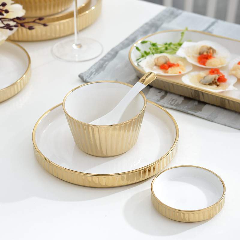 现代简约 金色陶瓷套装餐具 家用碗盘碟饭碗汤碗菜盘牛排盘点心盘