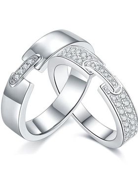 澄一S925银镀18K白金镶莫桑石小众情侣结婚对戒简约大气求婚礼物