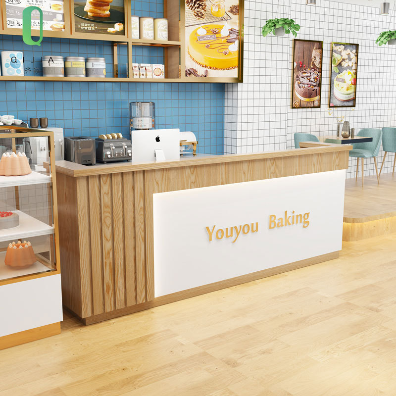 现代简约原木色服装店收银台餐饮店前台美容院美发店转角吧台
