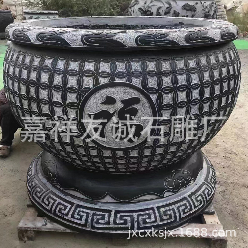 青石荷花石雕鱼缸 别墅阳台流水石槽户外景观雕花养鱼石缸批发