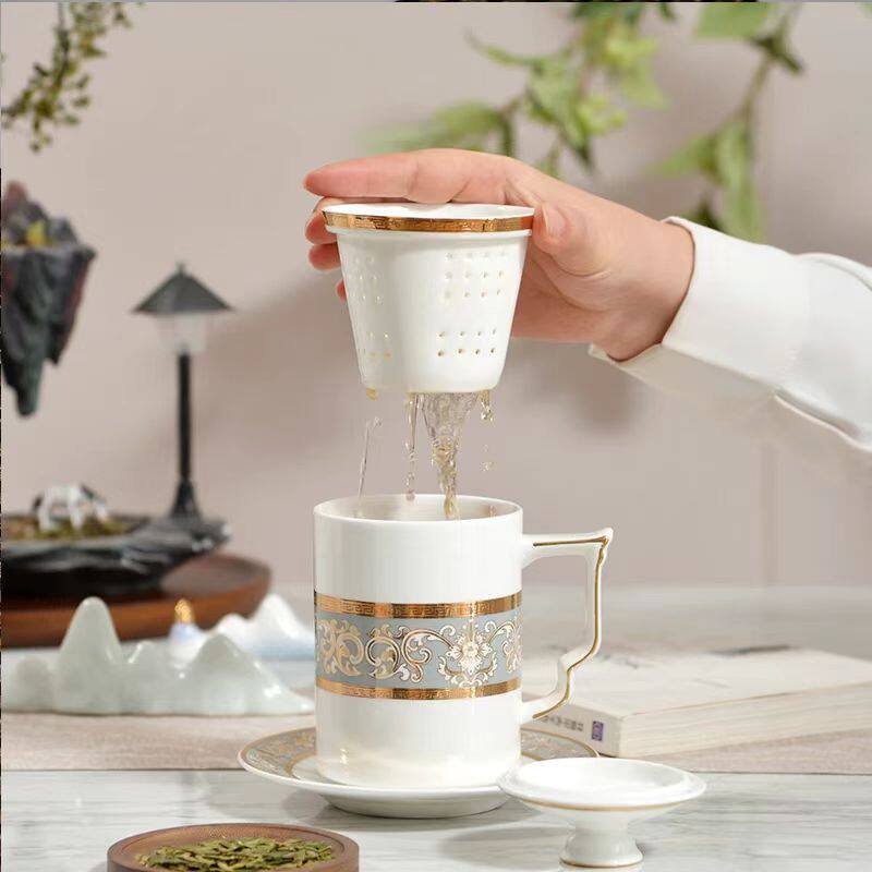 简约时尚红玫瑰茶漏杯茶具高骨瓷家用高档商务轻奢会议杯