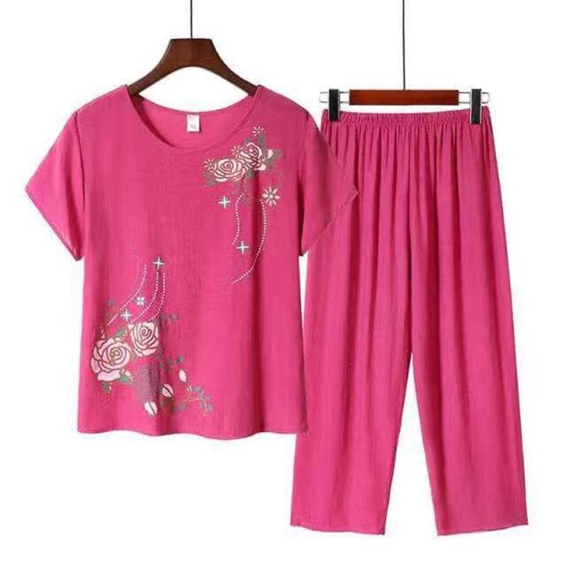 妈妈夏装套装两件套中老年女装老年衣服老年人上衣奶奶老太太棉麻