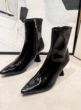 欧美时尚尖头漆皮糖果色套脚中靴细跟多色女靴Pointed toe boots