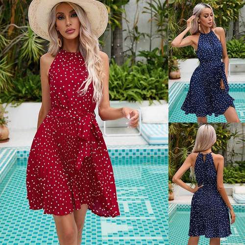 Polka dot neck strap pleated dress