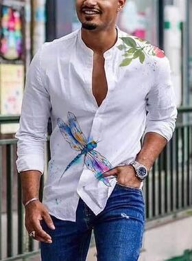 2024Men Round Neck Printed Long Sleeve Shirt圆领印花长袖衬衫