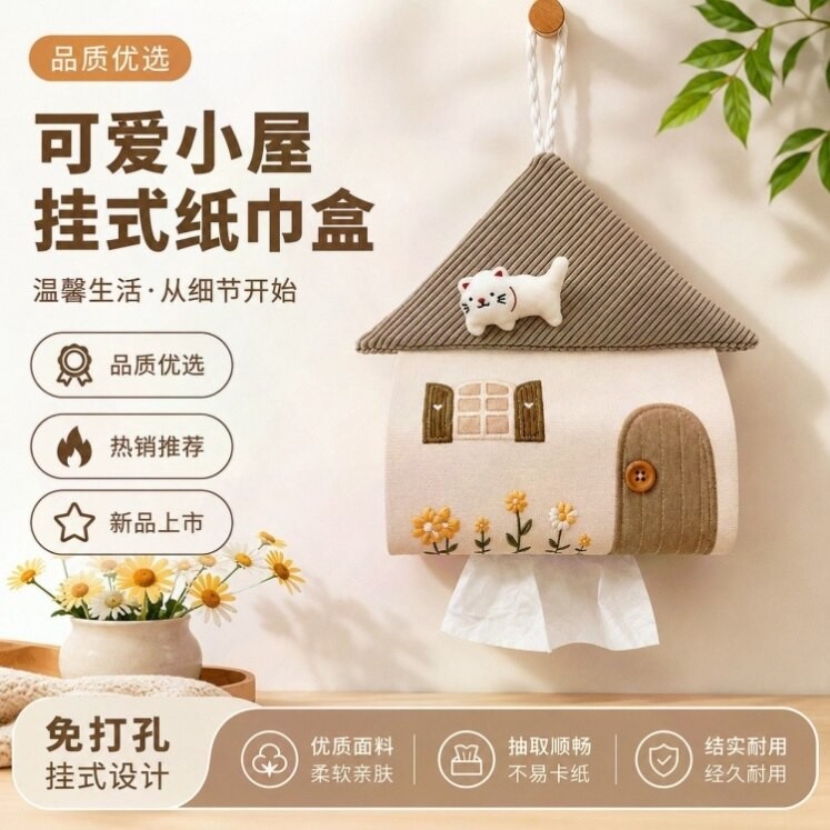 新款高颜值悬挂纸巾收纳袋纸巾盒可爱挂式房子纸袋创意车载客厅