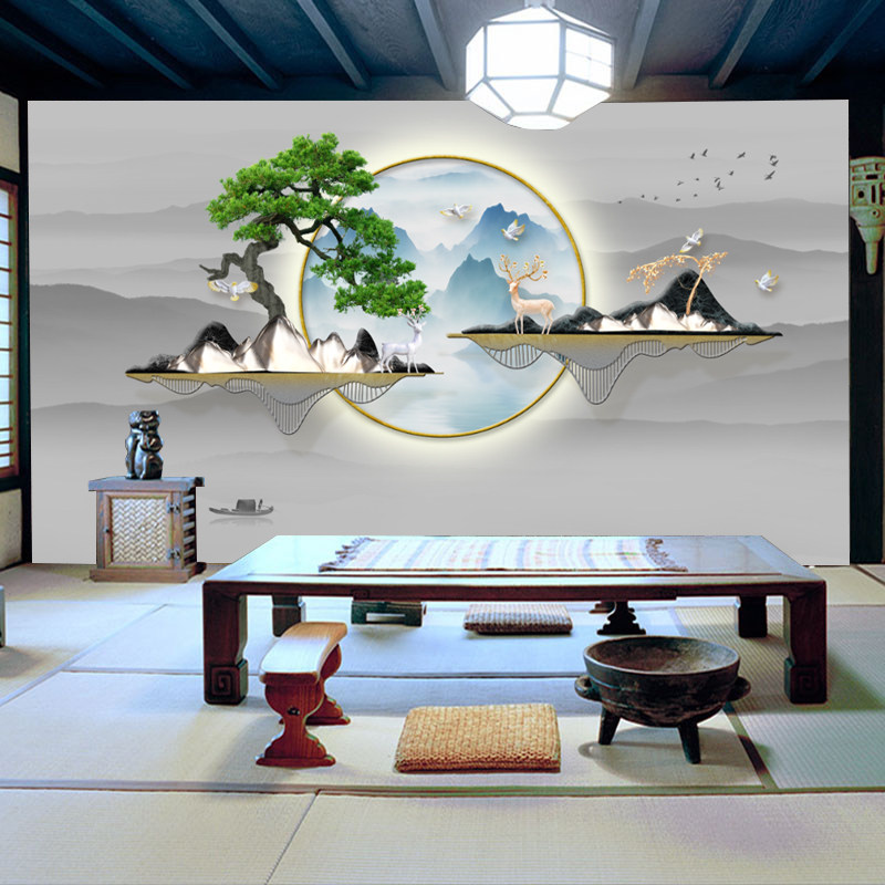 电视背景墙壁纸8d大气客厅卧室墙布新中式山水茶室3d立体无缝壁纸