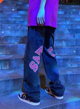 HiZLTghr Segt Print Black Jeans Men&#P39;s Y2K Staight-le an