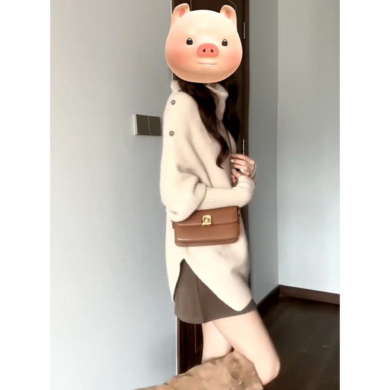 毛衣配半身裙女2023新款秋冬高腰显瘦包臀氛围感A字咖色毛呢短裙