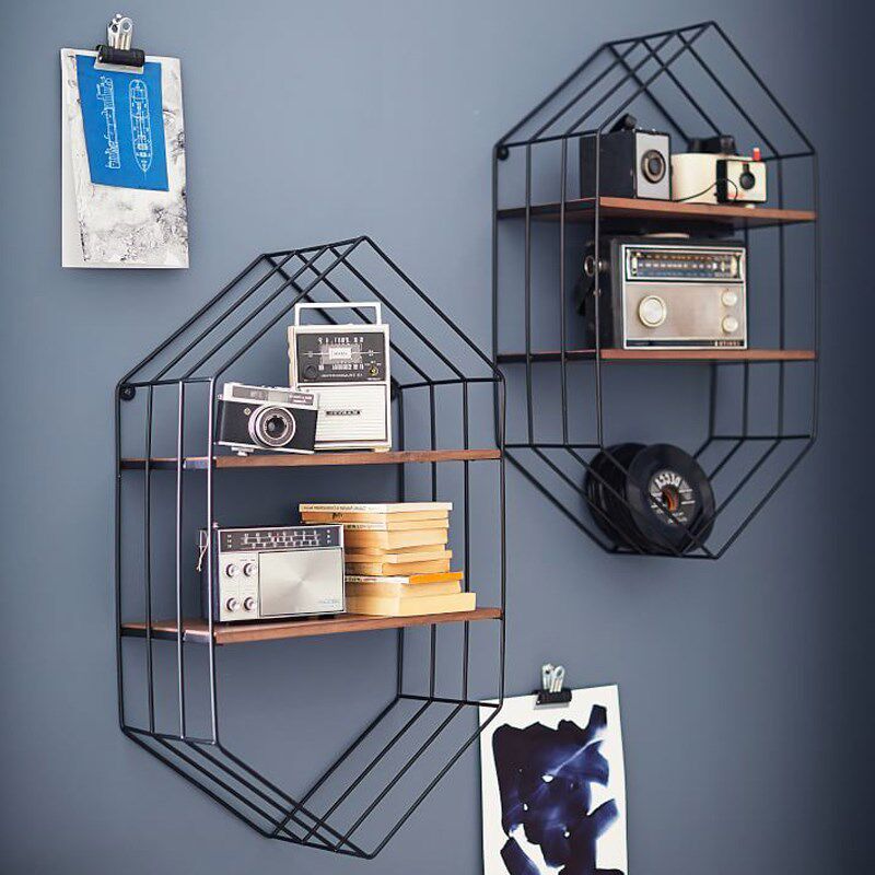 Diamond design simple wrought iron wall shelf multi-layer li