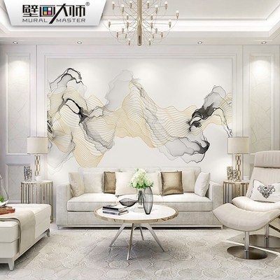 2019电视背景墙中式轻奢抽象线条壁纸客厅壁画大气3D无缝整张壁布