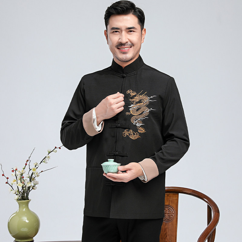 男士唐装立领盘扣龙纹礼服上衣
