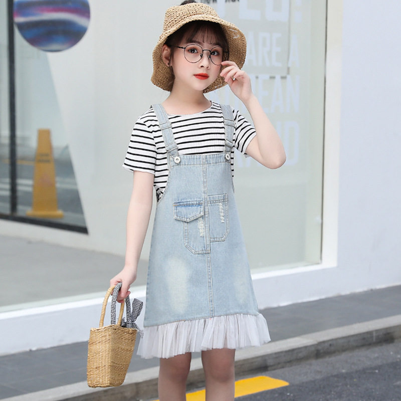 女童夏装套装2022新款大童装超洋气时髦夏季儿童短袖背带裙两件套