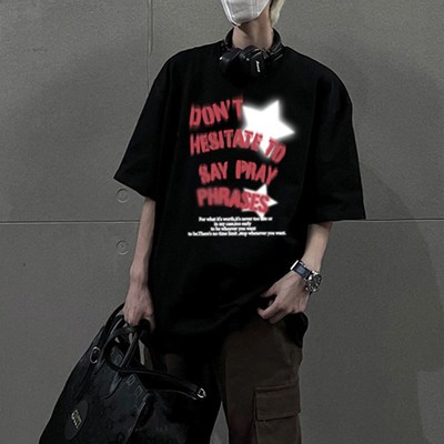 现货00g重磅美式复古t恤设计感小众星星字母短袖男款夏季情侣七分