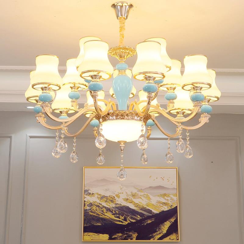 欧式陶瓷吊灯水晶客厅灯现代简约大气家用蓝色灯具餐厅卧室水晶灯