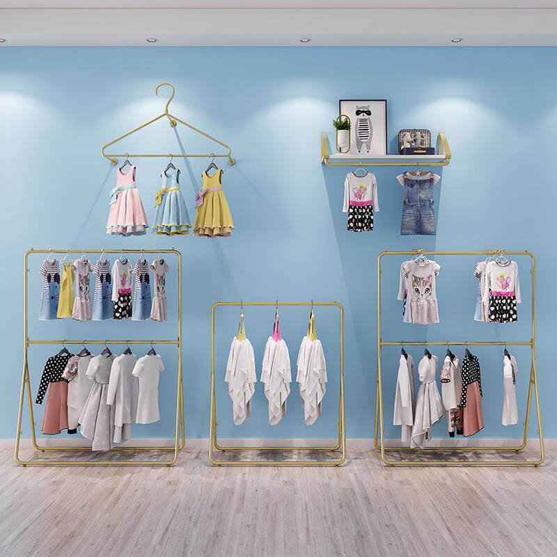 服装店货架陈列展示架装修效果图落地式挂衣杆童装店上墙双层衣架