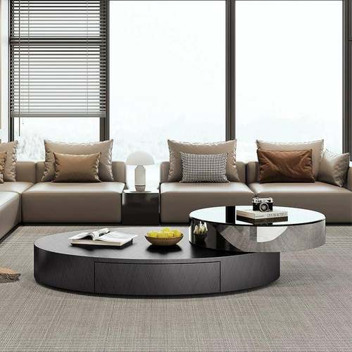 意式不锈钢椭圆形旋转茶几设计师轻奢现代简约玻璃茶几电视柜组合