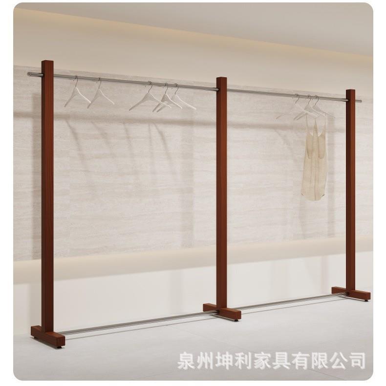 服装展示陈列中岛落地不锈钢挂衣杆转印胡桃木纹色复古女装店货架