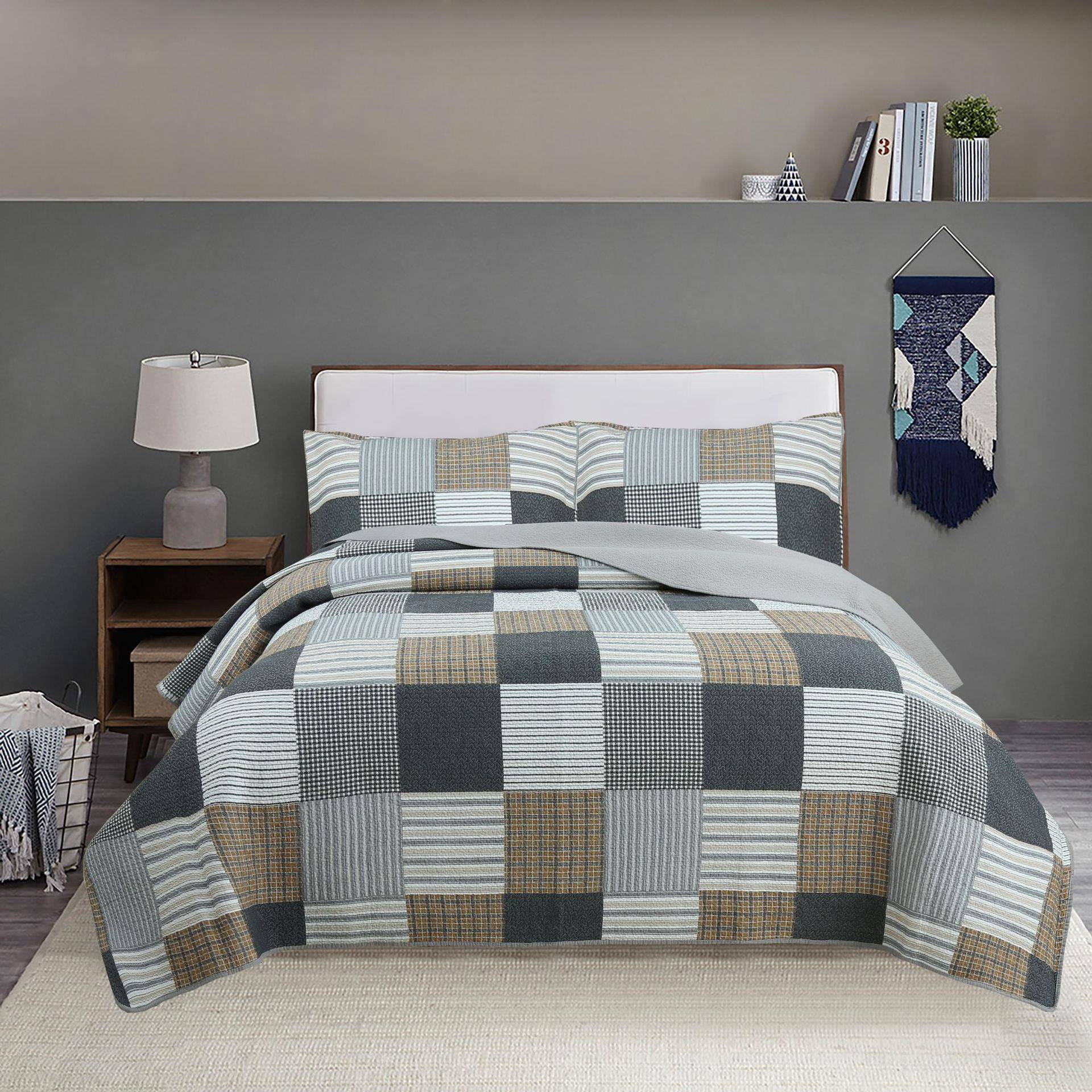 美式条纹格绗缝被床上三件套外贸全棉水洗床盖印花床品