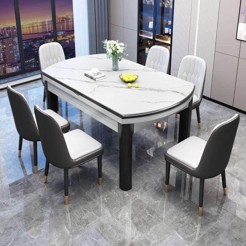 现代简约意式轻奢岩板餐桌椅组合伸缩折叠方圆两用小户型实木餐桌