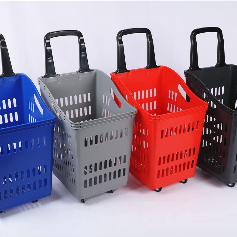 大容量承重超市商场塑料手提拉杆带轮篮买菜篮轻便安全彩色购物篮