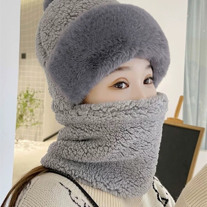 2023新款一体帽子围巾女加绒加厚保暖毛绒冬防寒护耳围脖骑车连帽