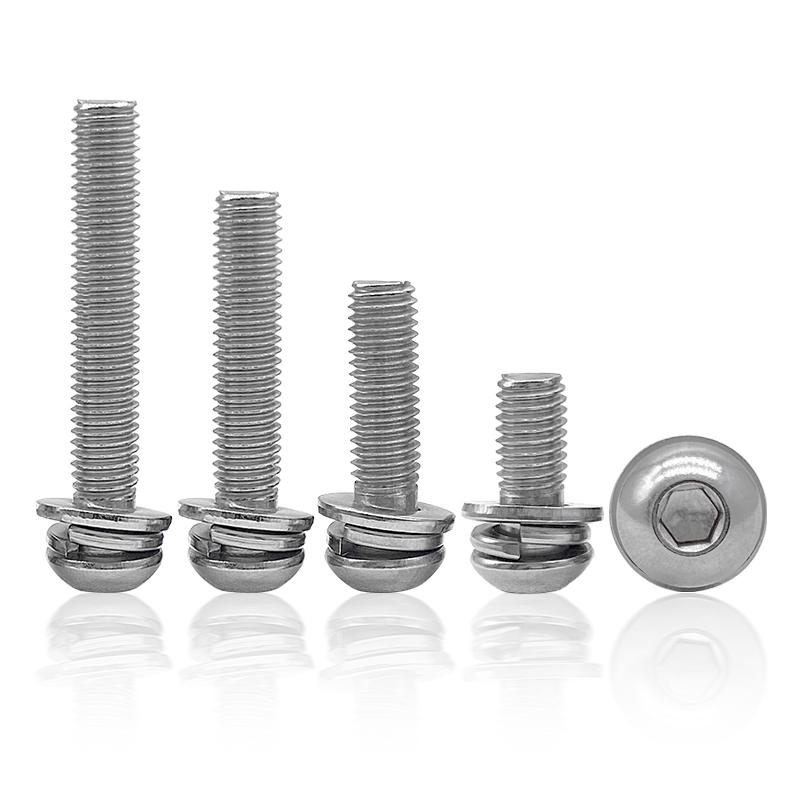 304不锈钢圆头内六角三组合螺丝M2.5M3M4M5M6M8圆杯螺钉垫片弹垫